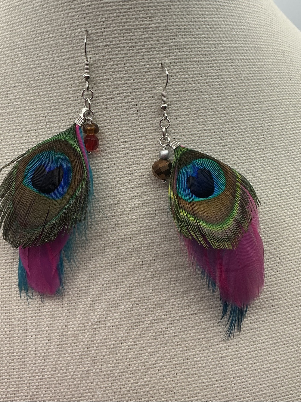 Peacock Feather Drop Earrings with Silver Tone Nickel Free Accent